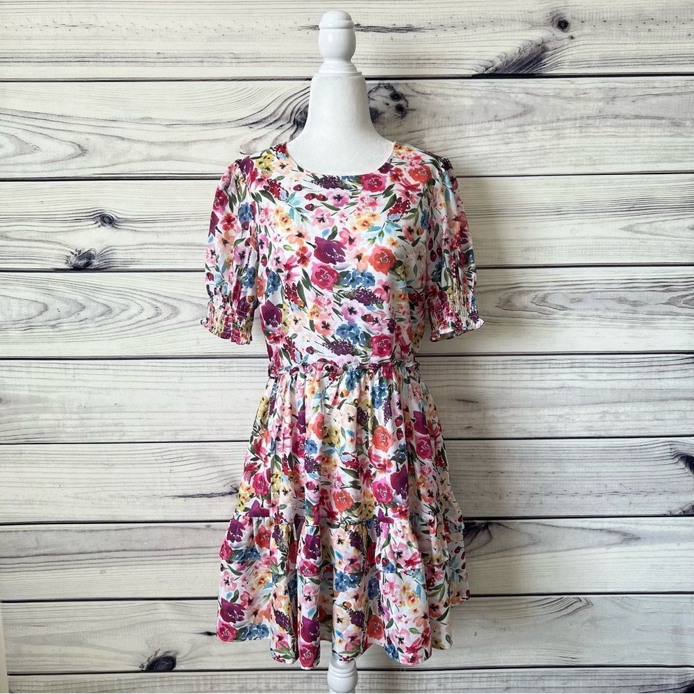 Nordstrom NSR White Multicolor Floral Puff Sleeve Dress